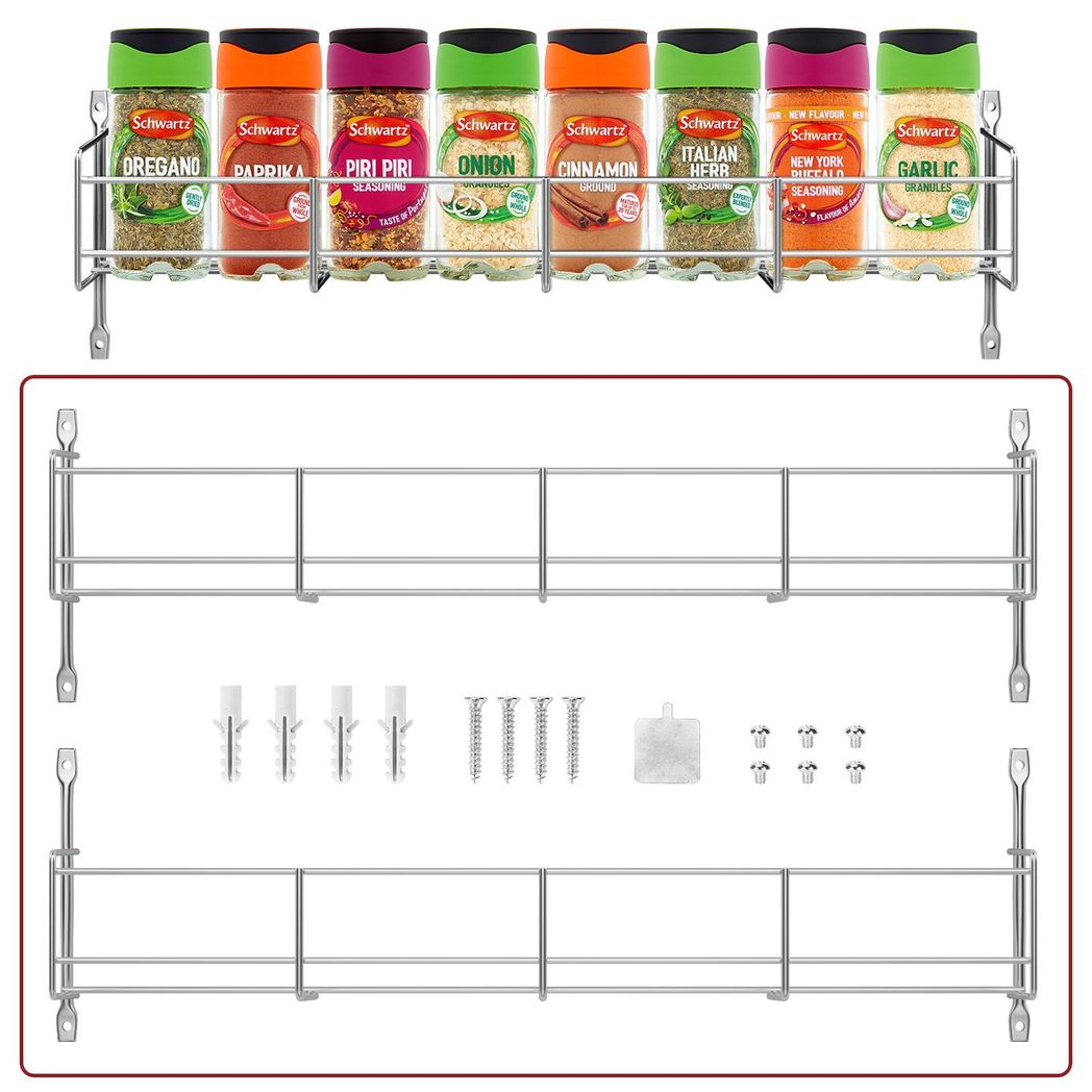 Vinsani 1/2/3/4/5/6 Tier Spice Racks Organiser - 2 Tier Flexible Herb Spices Condiments Jar Cupboard Wall Mounted Hanging Storage with Adhesive Stickers & Screws For Pantry Kitchen (Silver)