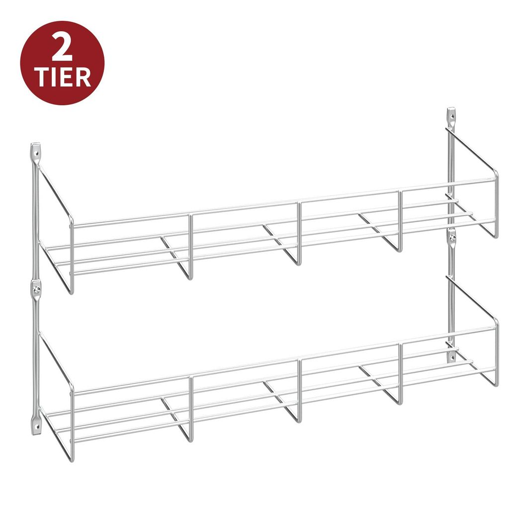 Vinsani 1/2/3/4/5/6 Tier Spice Racks Organiser - 2 Tier Flexible Herb Spices Condiments Jar Cupboard Wall Mounted Hanging Storage with Adhesive Stickers & Screws For Pantry Kitchen (Silver)